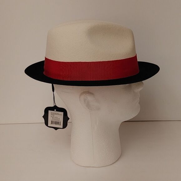 MEN'S MONTIQUE WHITE-BLACK 2 1/4" WIDE BRIM 100% WOOL FELT FEDORA HAT. H82 - Picture 3 of 8